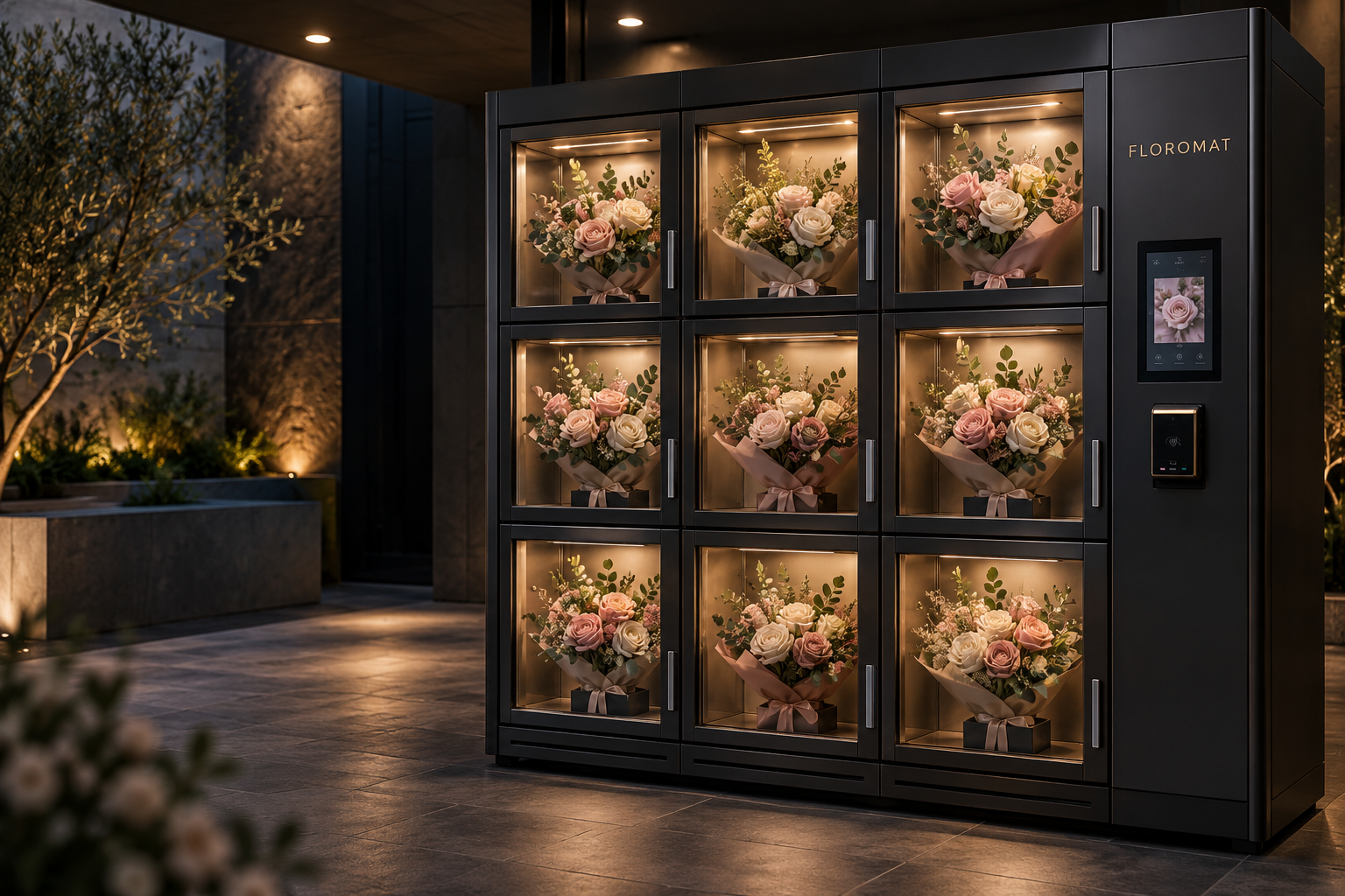 Concept de automat Floromat cu buchete în compartimente vitrate